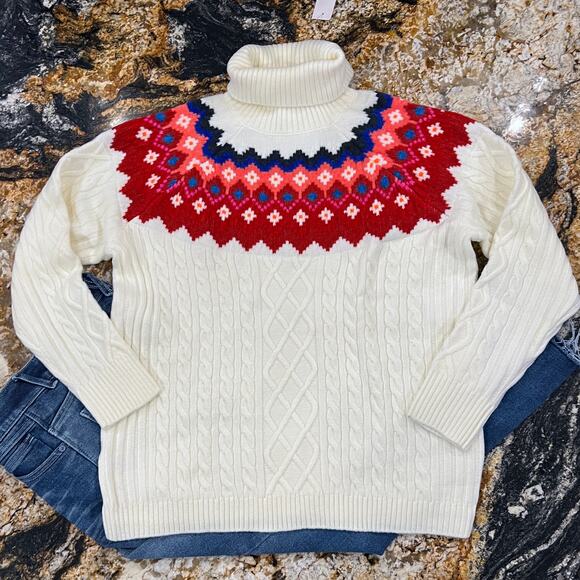 **NWT LOFT Ivory W/Red, Pink & Blue Fair Isle Turtleneck Cable Sweater - Picture 2 of 7